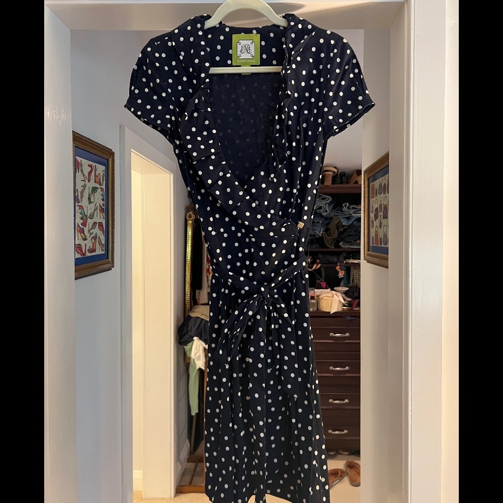 Elizabeth McKay Navy and White Polka Dot Wrap Dress Size 6